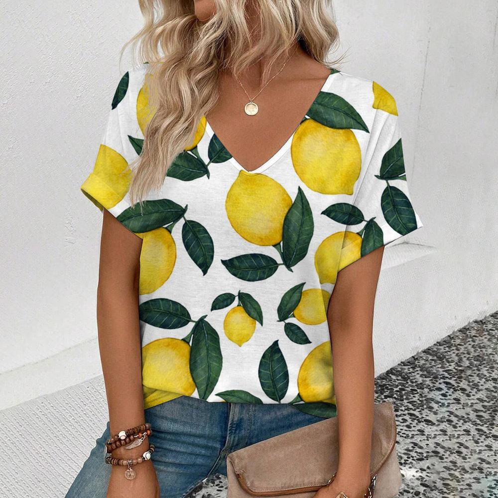 

Футболки с персонализированным принтом фруктов, летние новые женские свободные футболки с короткими рукавами и V-образным вырезом больших размеров для повседневного ношения 5XL