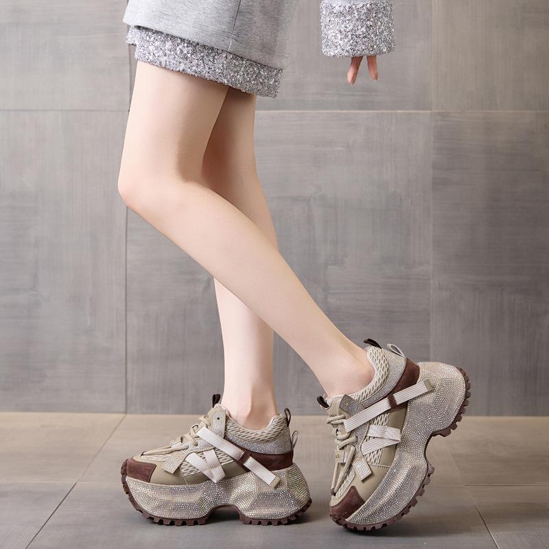 Rhinestone Heavy Industry Dad Shoes Girl 2025 Spring and Autumn New Thick-soled Heightened Color Matching Sports and Leisure Shoes Are Popular