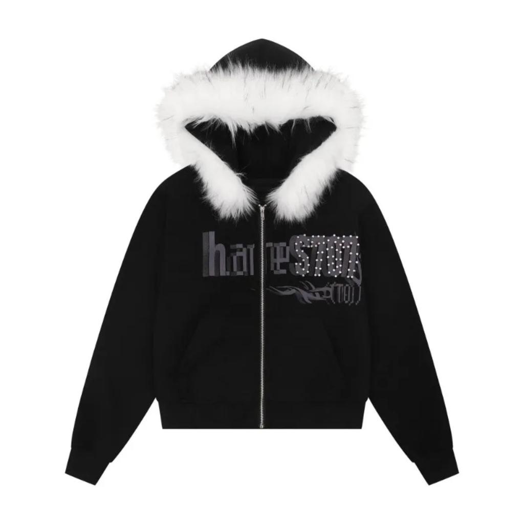 Street Letter Embroidered Fur Collar Hoodies for Women New Autumn Winter Baggy Casual Versatile Zipper Cardigan Sweatshirts