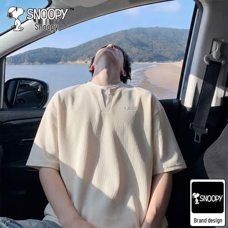 Snoopy Men s V-Neck Fake Two-Piece Short Sleeve T-Shirt XL абрикосовый
