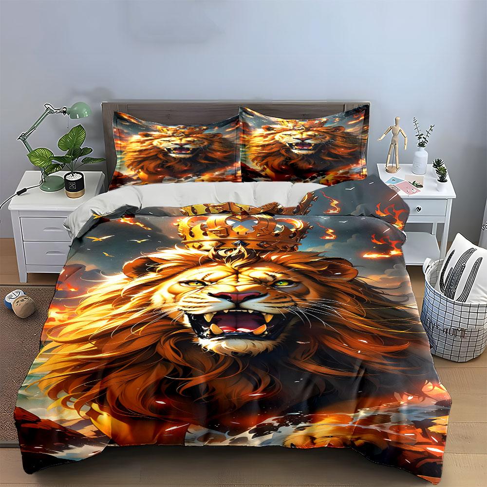Roaring lion with crown. Bedding sets Duvet cover sets Duvet covers Pillowcases(1*Duvet Cover 2*Pillowcases without duvet insert)