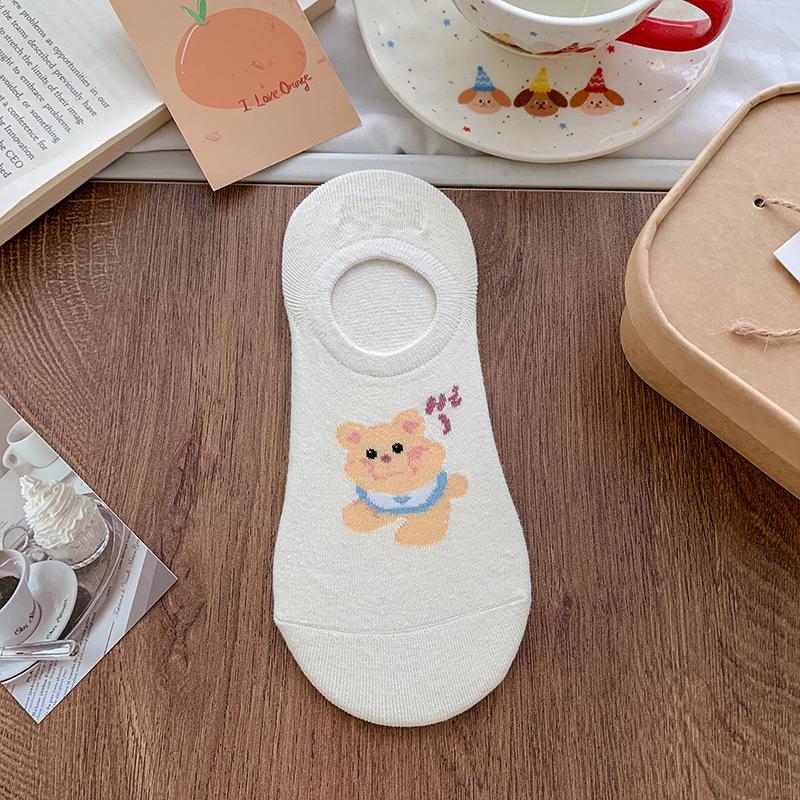 Spring and Summer Thin Socks, Female Cartoon Cute Little Animal Shallow Mouth Boat Socks, Silicone Anti-slip Invisible White Socks