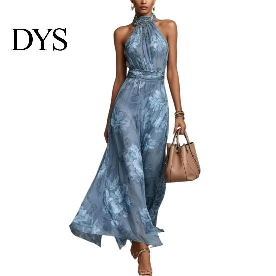 Waist Slimming Dress Floral Chiffon for Women, Halter Sleeveless Ruched Maxi Tallening Body Shape Dress, Turtle Neck Wedding Guest Cocktail