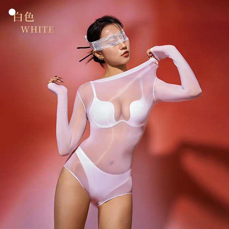 Sexy Women Oil Glossy Shiny High Cut Bodysuit  Bodycon Sexy Tights Sheer See Through Smooth Seamless Elastic Leotard Thong