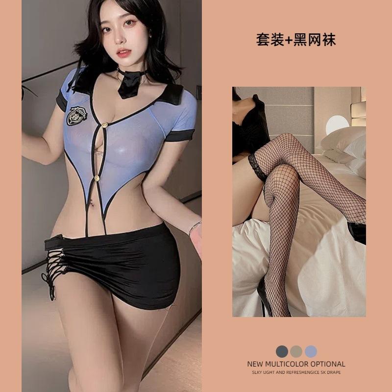 Sex underwear police uniform cos one-piece suit sexy hollow straps secretary hip skirt hot perspective V-neck