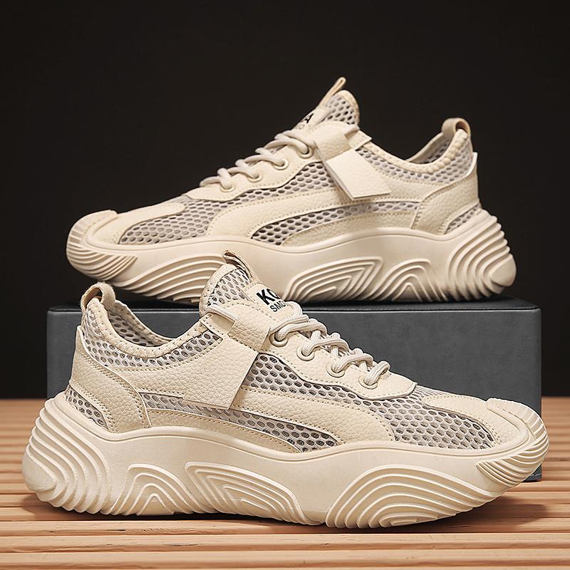 Grey Breathable Mesh Upper Hollow Thick Platform Man Casual Sneaker On Sale Simple Korean Comfortable Light Sports Shoes for Men