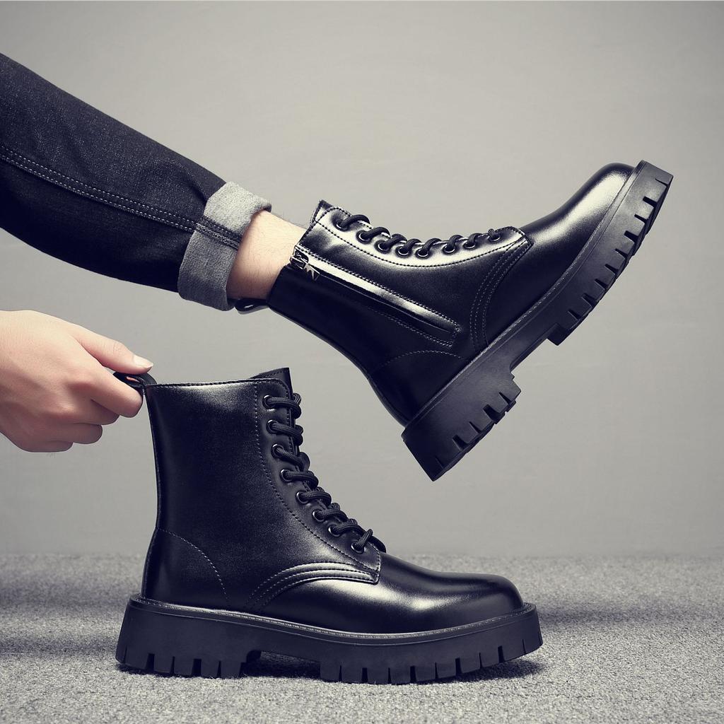 Long Martin Boots Men's British Style Black High-top Leather Shoes 2025 New Locomotive Boots Boys Leather Boots