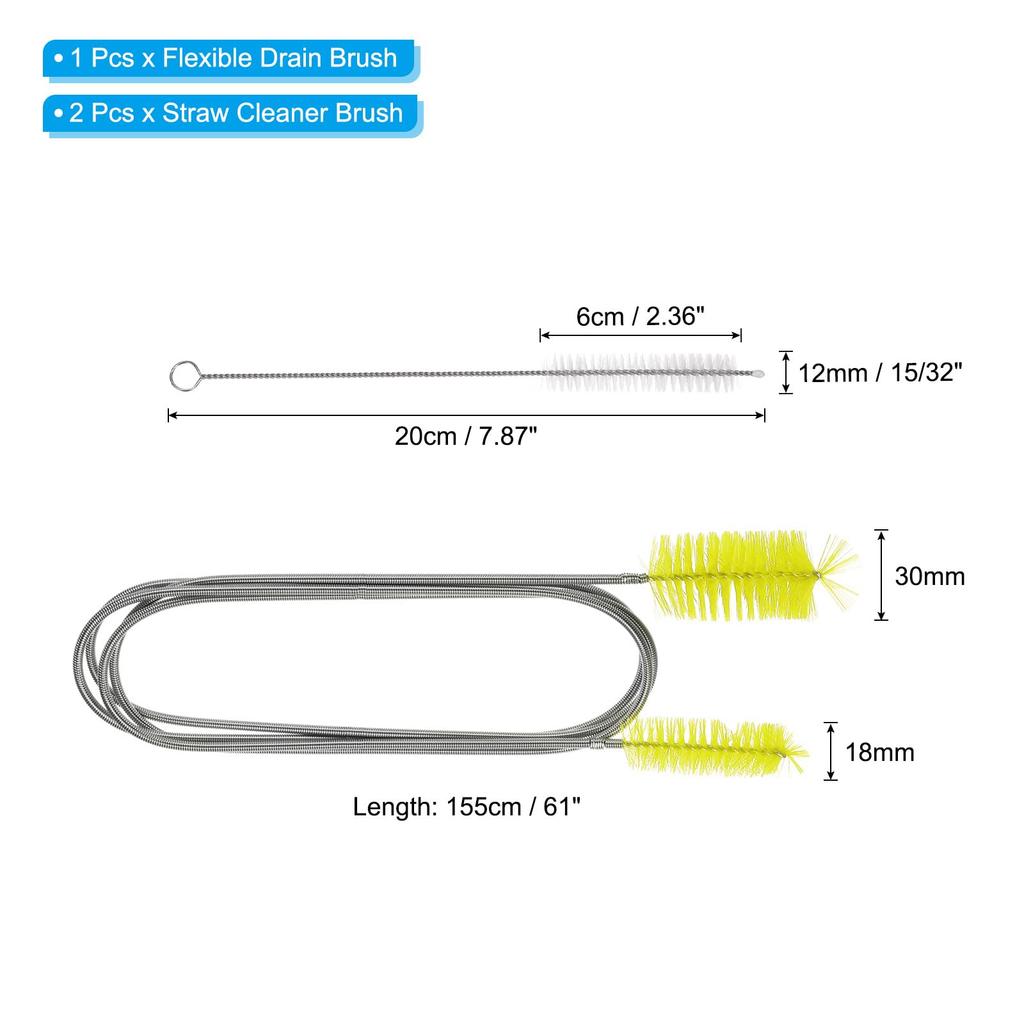 PATIKIL Flexible Long Drain Brush, 67" Double Elastic End Nylon Cleaner, Two 8" Straw Hoses, Pipe Cleaning Brush for Sink Drains, Yellow