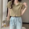 Kortarmet T-skjorte med krage for kvinner sommer ny nisjedesign dobbel glidelås svart kort høy midje slank cropped topp