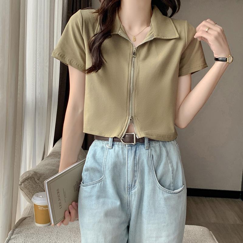 Kortarmet T-skjorte med krage for kvinner sommer ny nisjedesign dobbel glidelås svart kort høy midje slank cropped topp