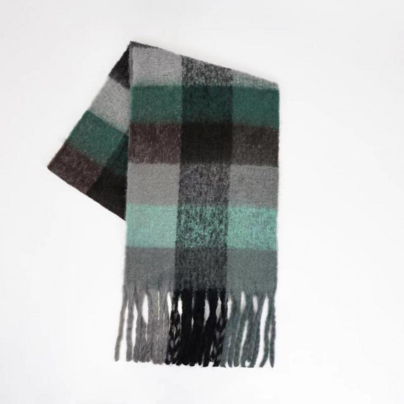 Autumn and winter European and American color matching AC imitation cashmere thick fringed scarf rainbow plaid mohair warm female student plus