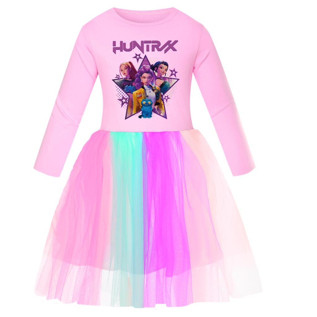 Girls' Star-Print Skirt Round-Neck Long-Sleeve Colorful Lace Patchwork Dress