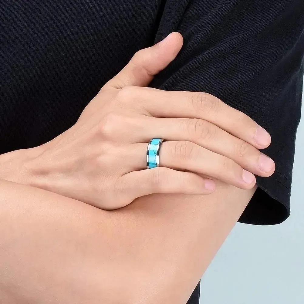 Fashion 8mm Men Stainless Steel Rings Inlay Blue turquoise Rings For Men Women Wedding Engagement Band Jewelry Gift