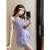 French Sweet Spice Girl Lace Splicing Neck Closed Waist Skinny Women's Summer A-Word Backless Suspender Pleated Dress