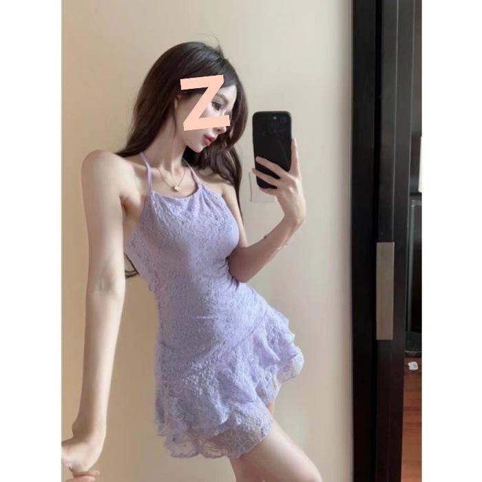 French Sweet Spice Girl Lace Splicing Neck Closed Waist Skinny Women's Summer A-Word Backless Suspender Pleated Dress