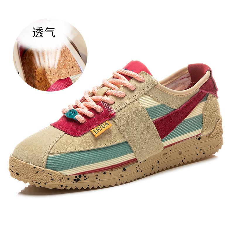 

Leather waffle shoes 2025 spring new women s flat-bottomed contrasting Forrest Gump shoes women s casual breathable versatile women s shoes trend 35 абрикосовий
