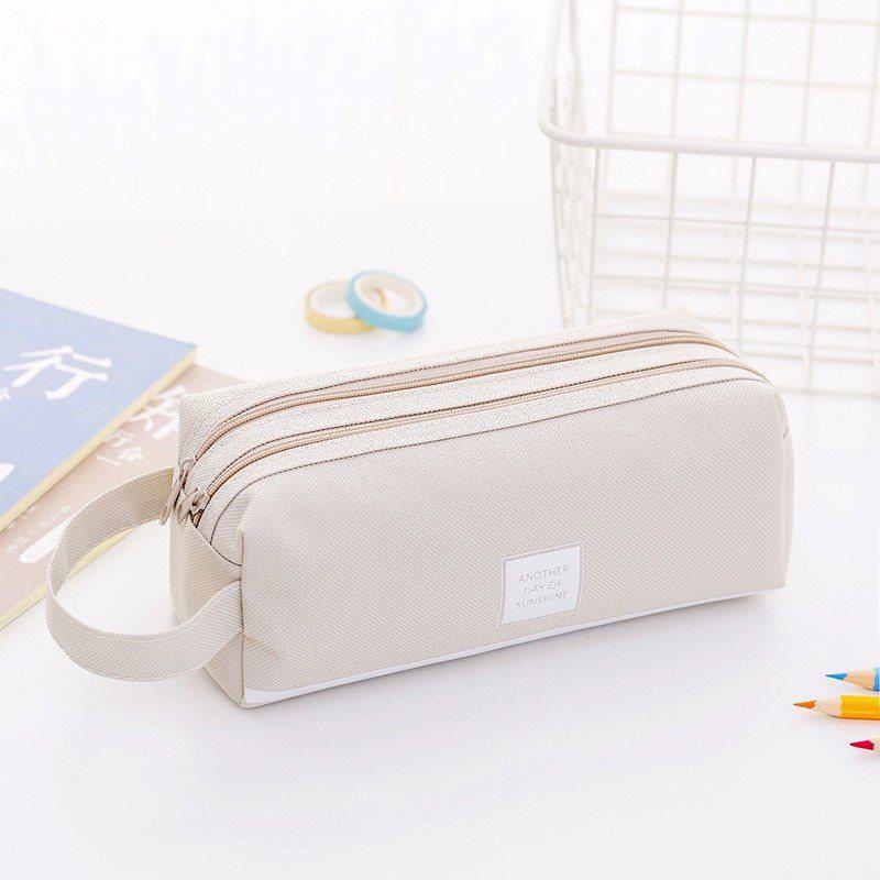 Ins Style Double Layer Canvas Pencil Case for Students - Simple, Creative Design with Zippers