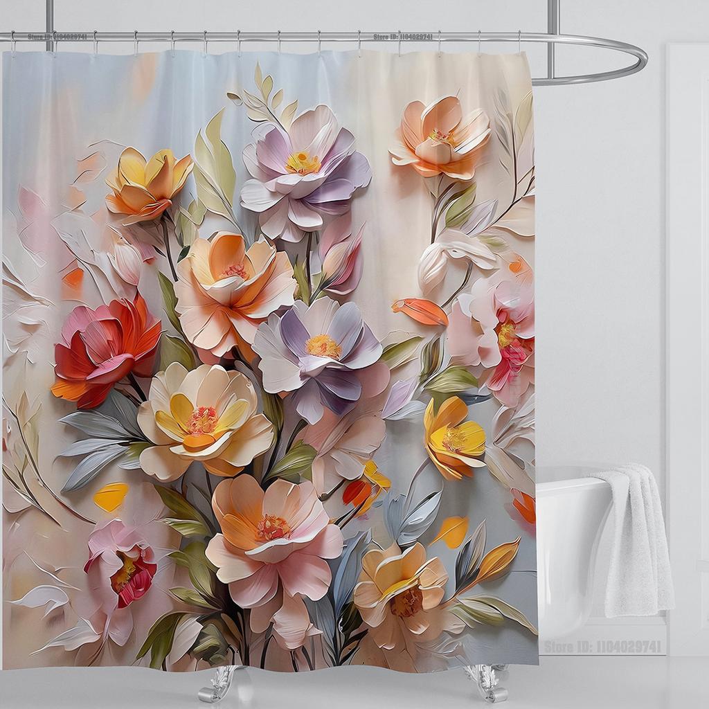 3D Flower Shower Curtain Set Colorful Printing Design Fabric Bathroom Decoration Waterproof Washable Shower Curtain With Hooks