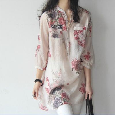 Spring Summer Floral Loose Mid Length Three Quarter Sleeve Shirt Korean Style Women's
