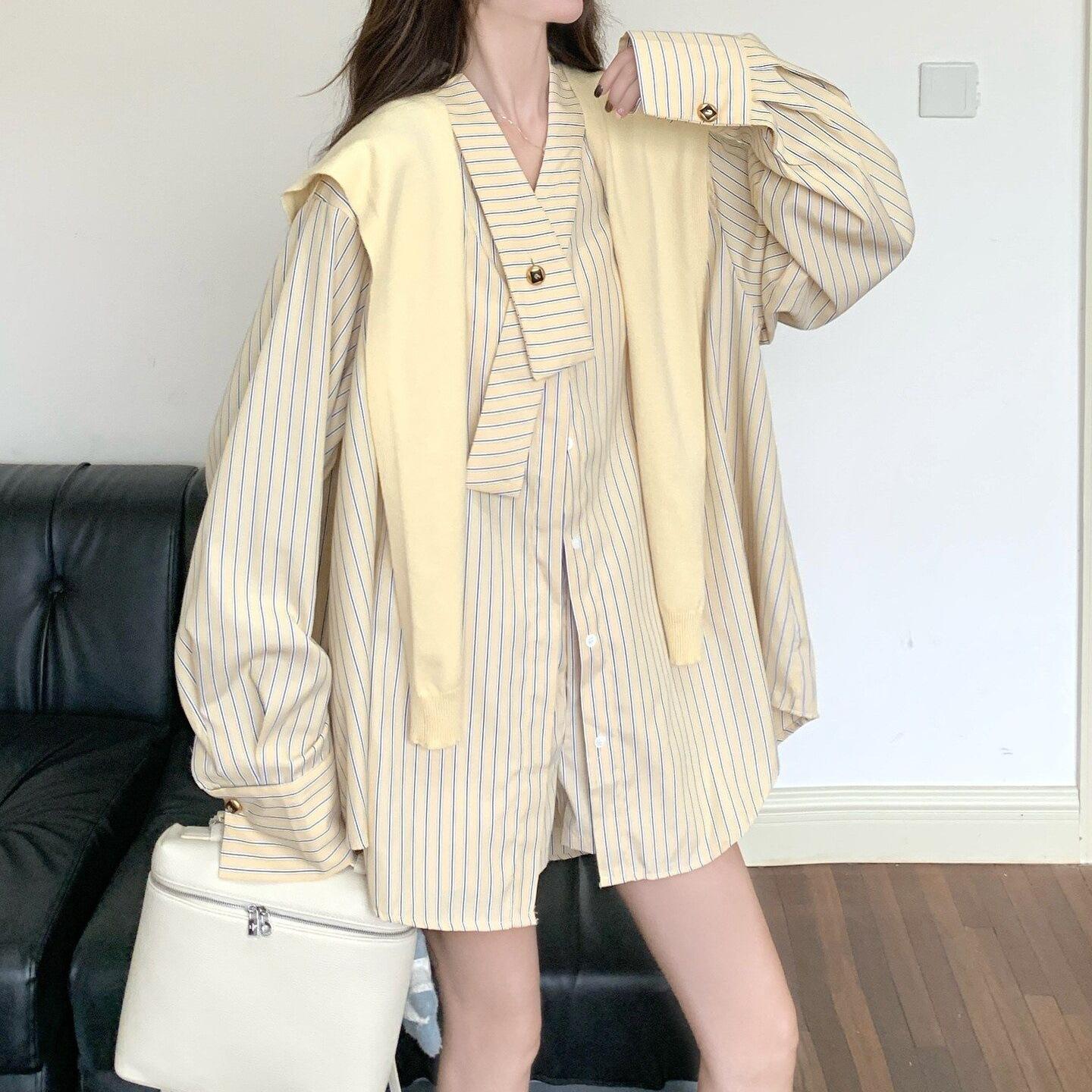 Yellow shawl striped shirt shorts set spring and summer 2026 new Korean temperament versatile fashion women s clothing S
