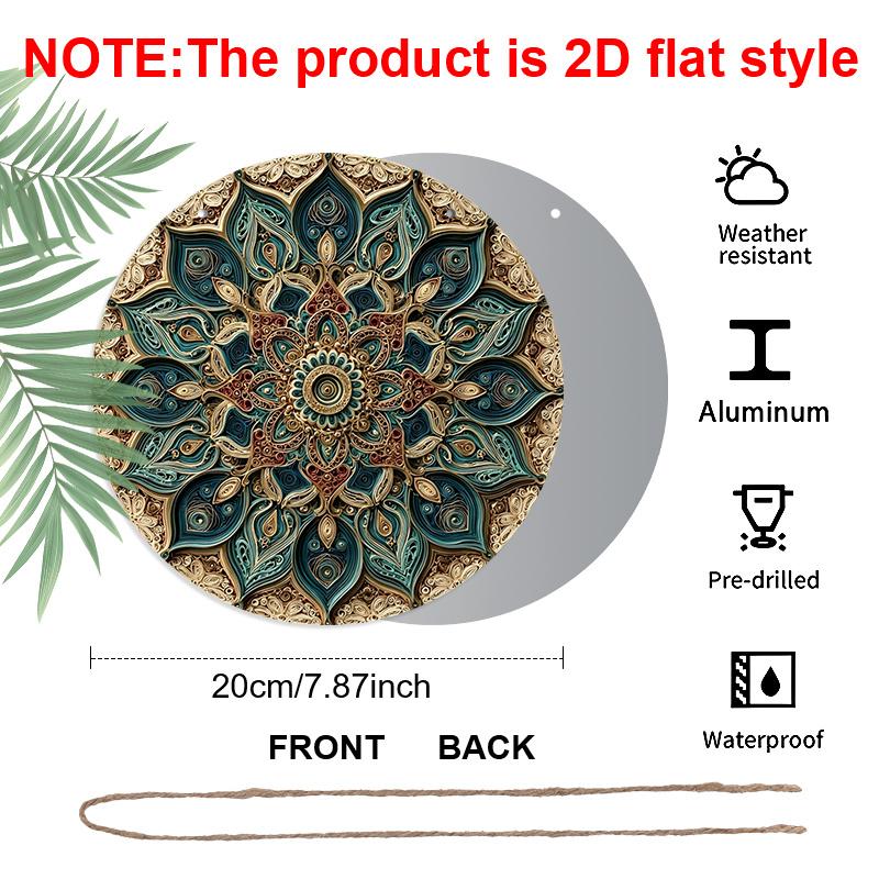 2D Flach, 1 Stück Runde Aluminium-Mandala-Dekorplatte, Aufwendige Ranken-Blumen-Ethnische Mandala-Kunst, Türkranz-Mittelstück, Ideal für Weihnachten, Diwali