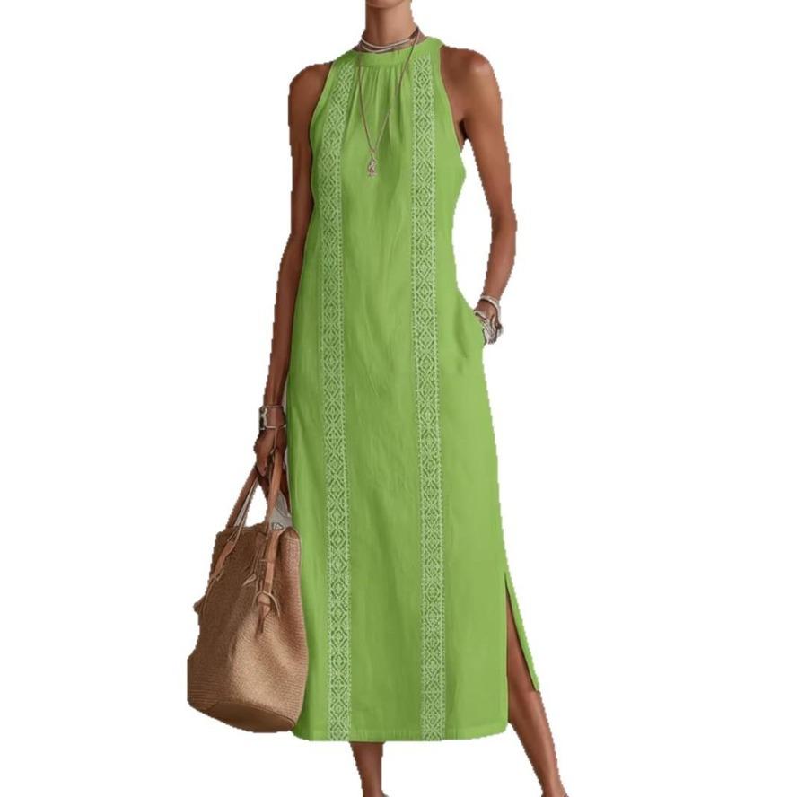 YYFS Women's Fashion Summer Spring Solid Color Print Sleeveless O-Neck Loose Waistline Casual Dresses