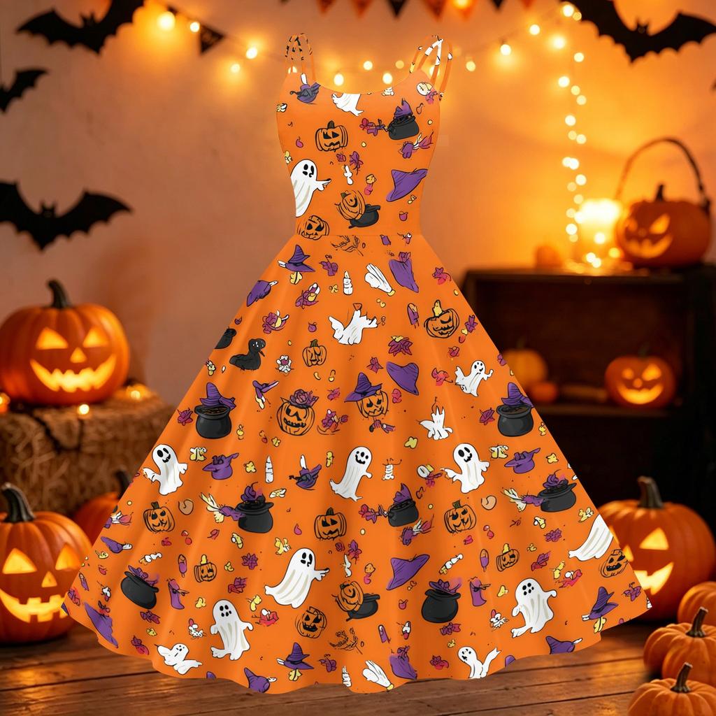 Women Off Shoulder Halloween Print Flared Vintage Dress with Spaghetti Straps and for Party or Casual Wear