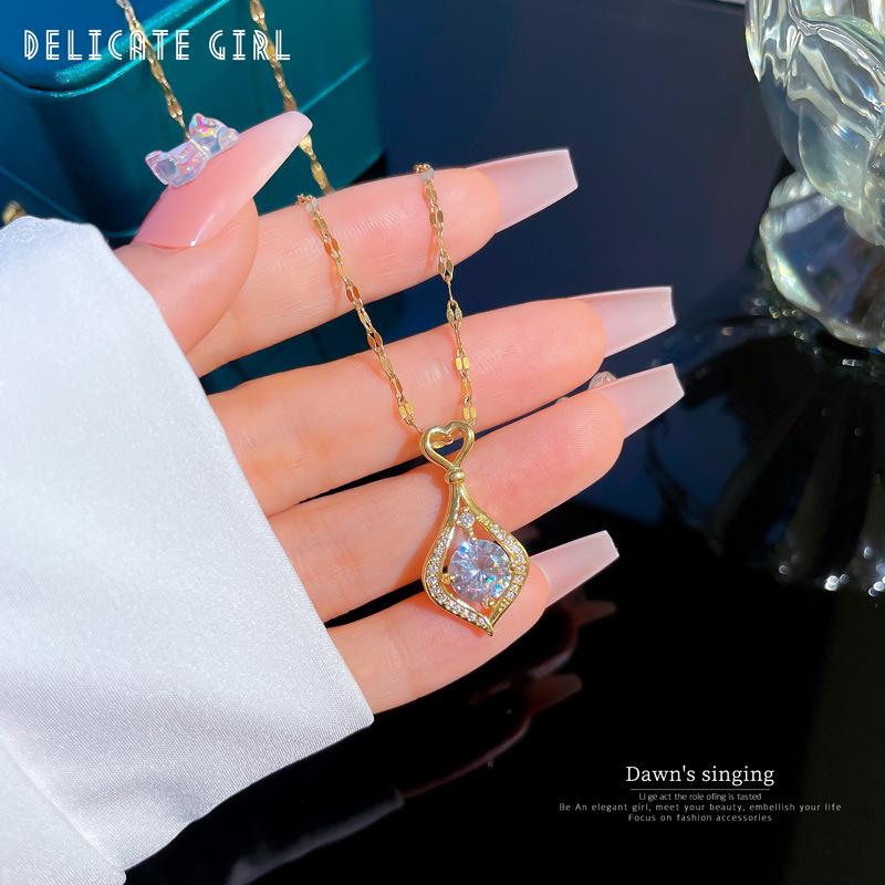 Titanium Steel Light Luxury Love Water Drop Micro Inlaid Real Gold Necklace Women'S Transfer Collarbone Chain With Jewelry