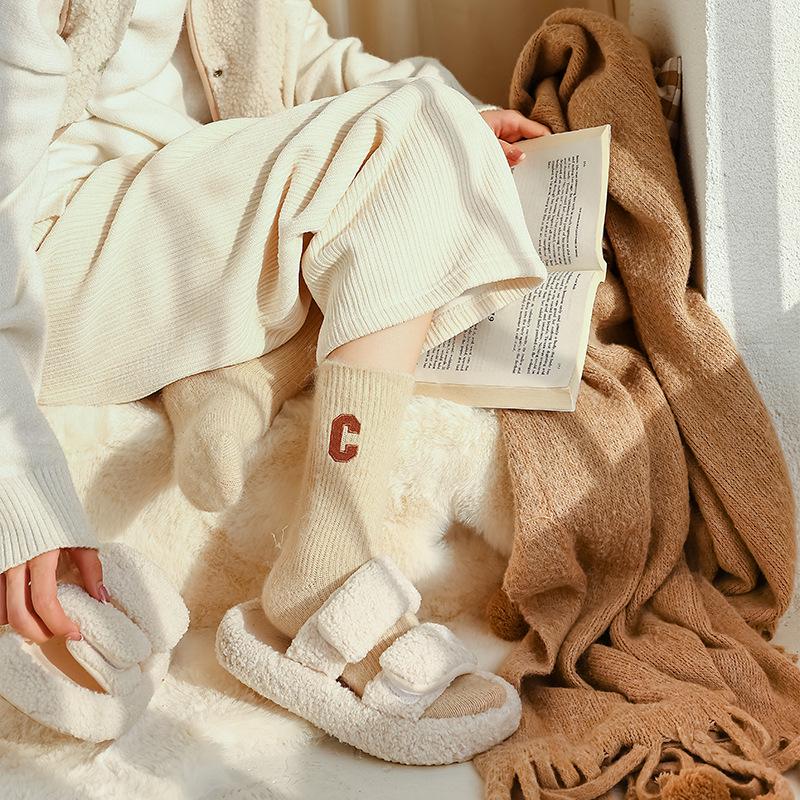 Women's Winter Thick Wool Mid-Calf Socks - Trendy Cotton with Plush Velvet, Warm and Cozy for Autumn and Winter