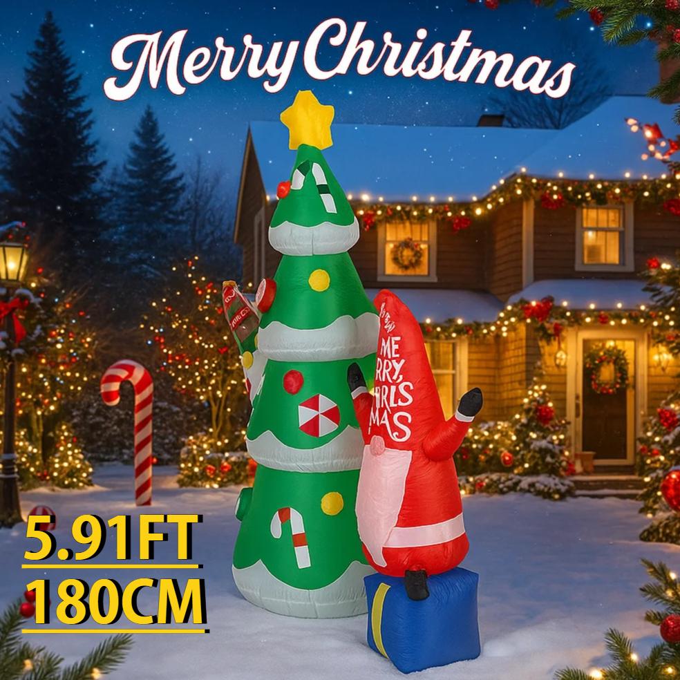 5.91FT Yard Party Decoration Inflatable Tree Gnome Elf Toy LED Light Xmas Supplies Home Decor Ornaments Christmas Holiday Gift