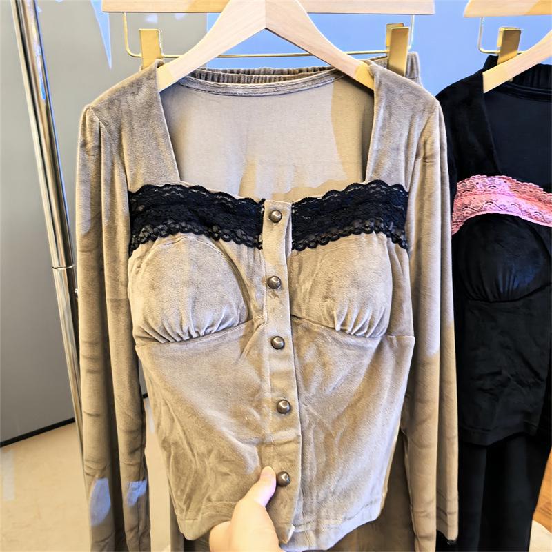 Sea Island Baumwolle Damen Pyjama Set - Herbst/Winter Französischer Stil mit Brustpolster, Dünner Fleece Hausbekleidung