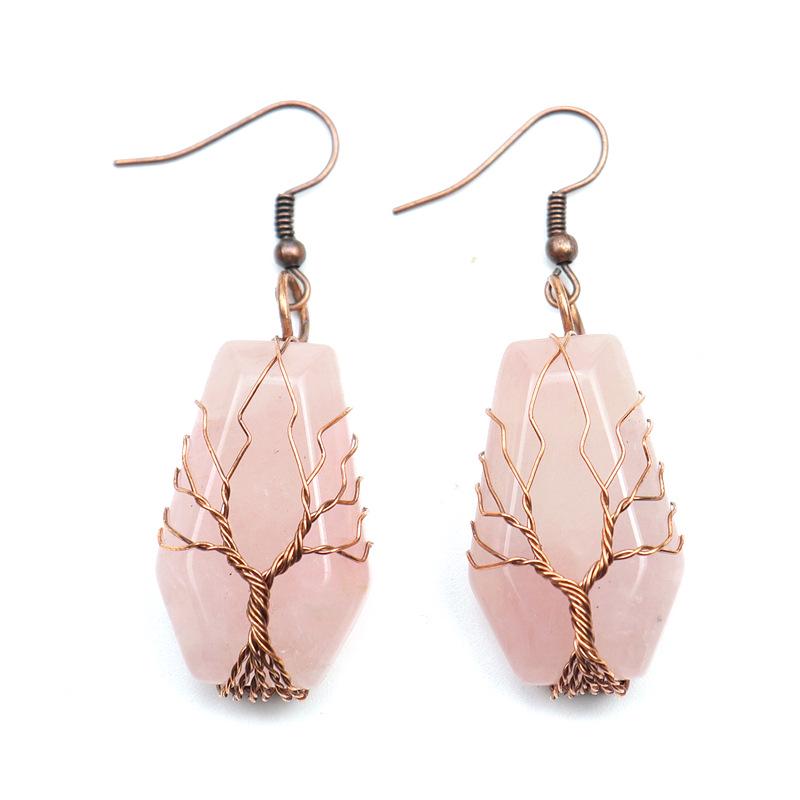 Handmade Agate Coffin Board Tree of Life Earrings - Natural Stone Crystal Dangle for Wealth and Harmony.
