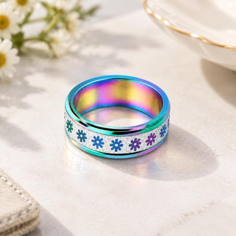 Floral Spinner Ring with Repeating Sunflower Pattern and Rotating Outer Band for Everyday Jewelry Styling and Stacking