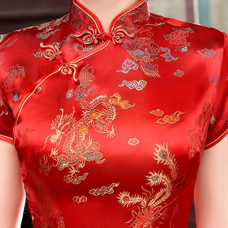 Vestido Cheongsam Retro Brocado Dragão Fênix com Gola Alta e Botões Rã para Mulheres