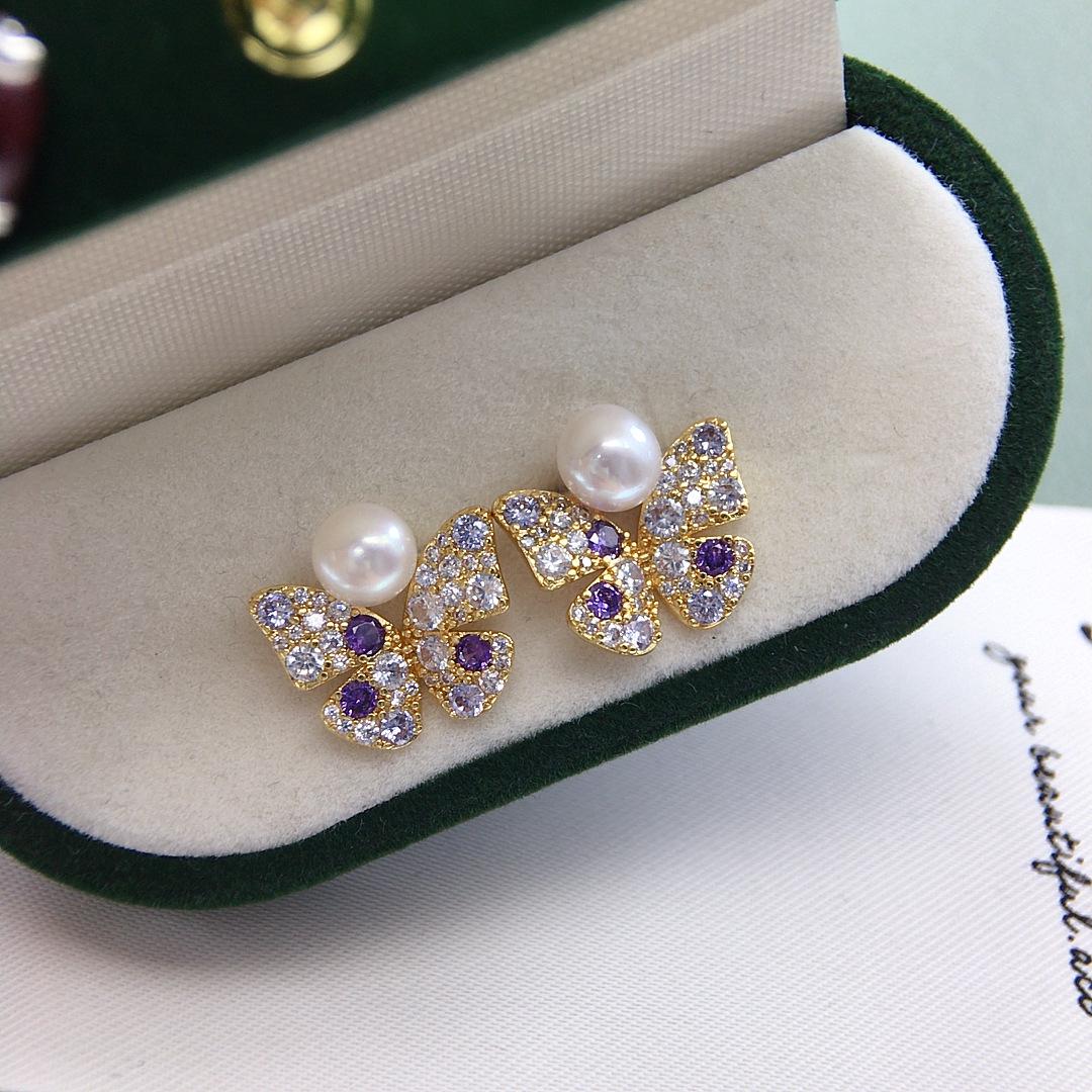 Серьги-пусеты с пресноводным жемчугом и бриллиантами в виде бабочек Zhuji для женщин белый