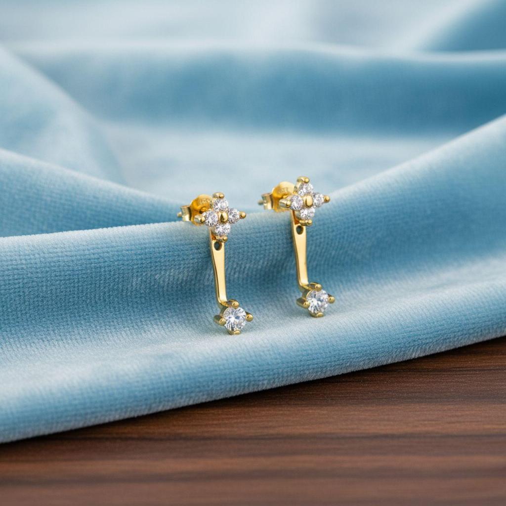 Doppelblumen Jacken-Hängeohrringe - Sterlingsilber Gelbvergoldet