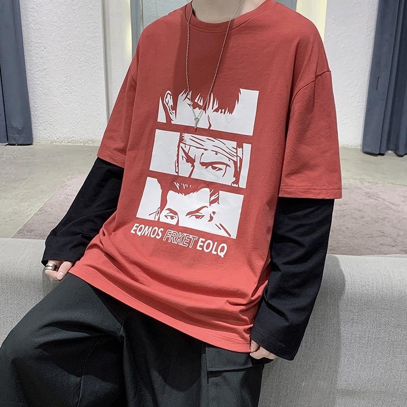 SCIONE Fake Two Hoodies Lose Langarm-T-Shirts Herren Nähte Rundhalsausschnitt Anime Print Shirt Herrenkleidung