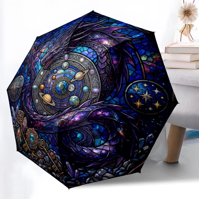1pc Sturdy 8-Bone Auto Umbrella, Amethyst Crystal Dragon Umbrella, Digital Printed, Foldable Umbrella for On-the-Go Outdoor Use