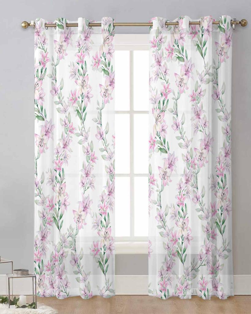 Watercolor Flower Lily Sheer Curtains for Living Room Decoration Window Curtains for Kitchen Tulle Voile Organza Curtains
