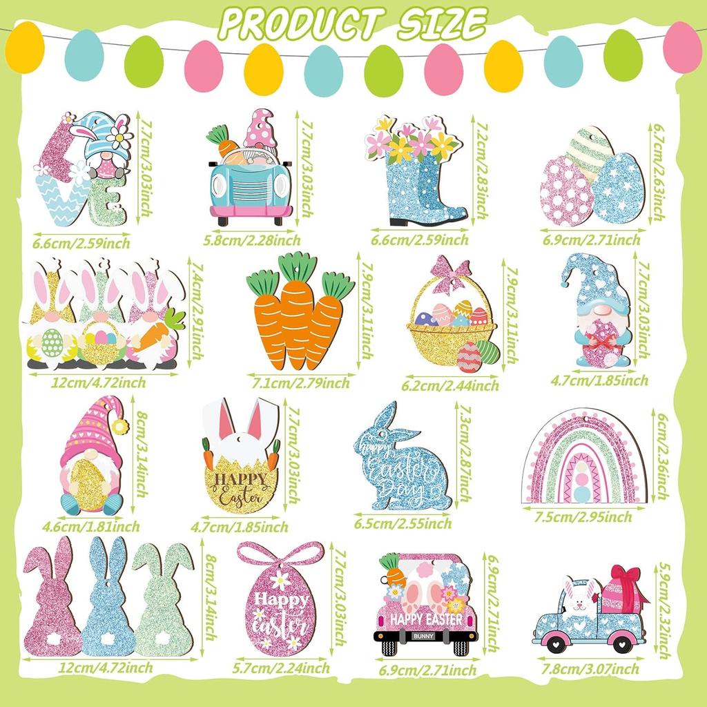 Kathfly 32 Pieces Easter Ornaments for Tree Pastel Spring Wooden Decorations Egg Gnome Bunny Carrot Basket Ornaments Hanging Spring Wood Cutouts