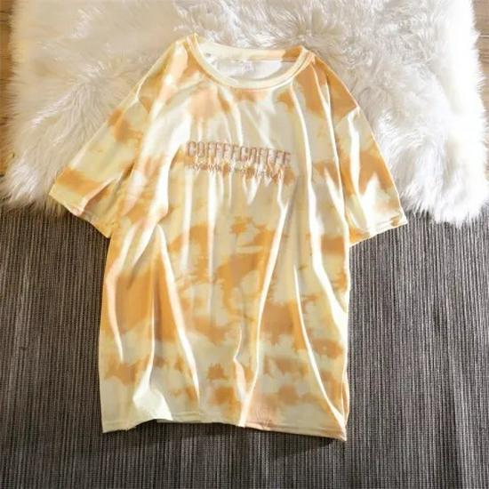 

Женская свободная летняя футболка средней длины с коротким рукавом, вышитая в корейском стиле тай-дай XL абрикосовый