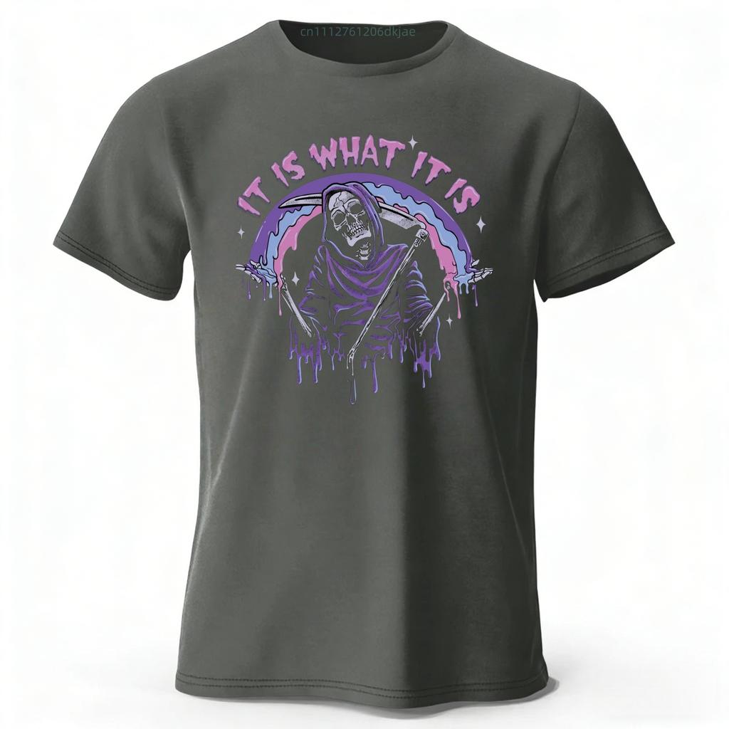 Summer Mens Dark Gothic Style Death Print Pure Cotton Short Sleeved Comfortable Soft Loose Sports Tshirt Fashionable Outfit
