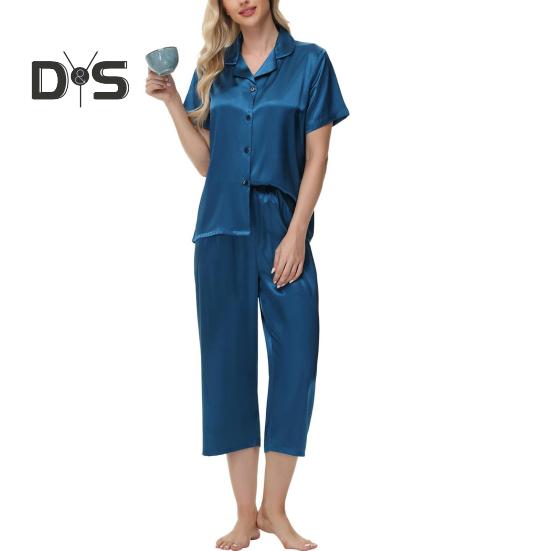 2-teiliges Set aus Seidenpyjama mit Revers und Button-Down-Langarmhemd, elastischer Bund, weites Bein, verkürzte Hose, Homewear, lässiges Outfit, Frühlingsnachtwäsche
