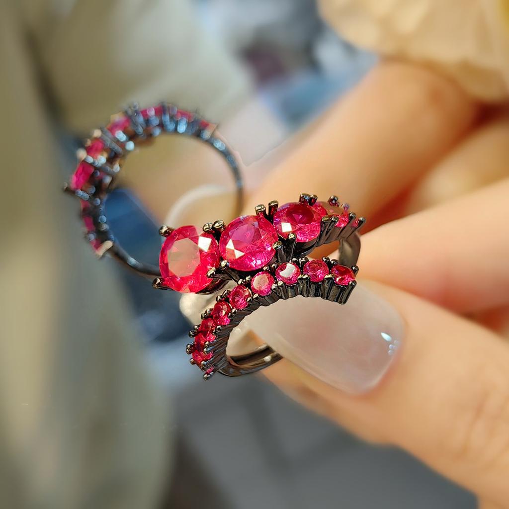 Ring Interactive Row Diamond Imitation Red Corundum Ring Female Creative Black Gold Plated Spinel Blue Stacked Wearing Ring