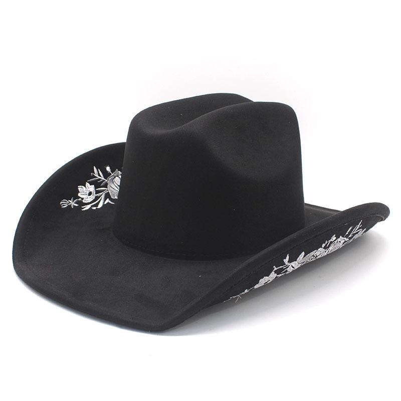 

Western Faux Suede Cowboy Hat with Golden Embroidered Rose Jazz Style Fedora Panama Sombrero for Cowgirl And Hombre M 56-58cm