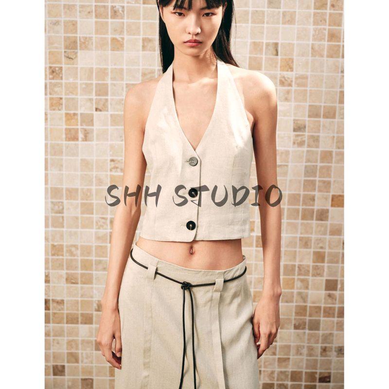 Linen Blend Hanging Collar Top 3207939 8118350 High Waist Skirts 2153939 8116350