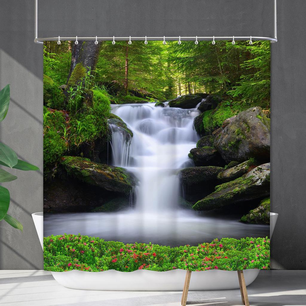 Bathroom Waterproof Curtain Digital Printing Landscape Waterfall Shower Curtain Free Punching Toilet Partition Curtain Shower Cloth
