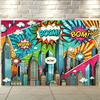 A 2D flat colorful comic city skyline background banner, with dimensions of 243.84 cm × 182.88 cm