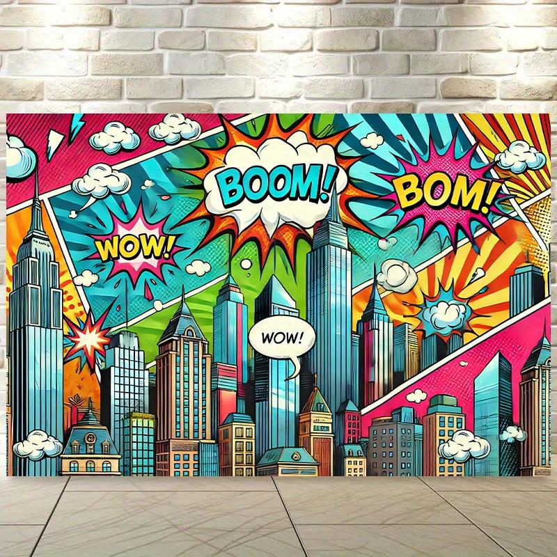 A 2D flat colorful comic city skyline background banner, with dimensions of 243.84 cm × 182.88 cm