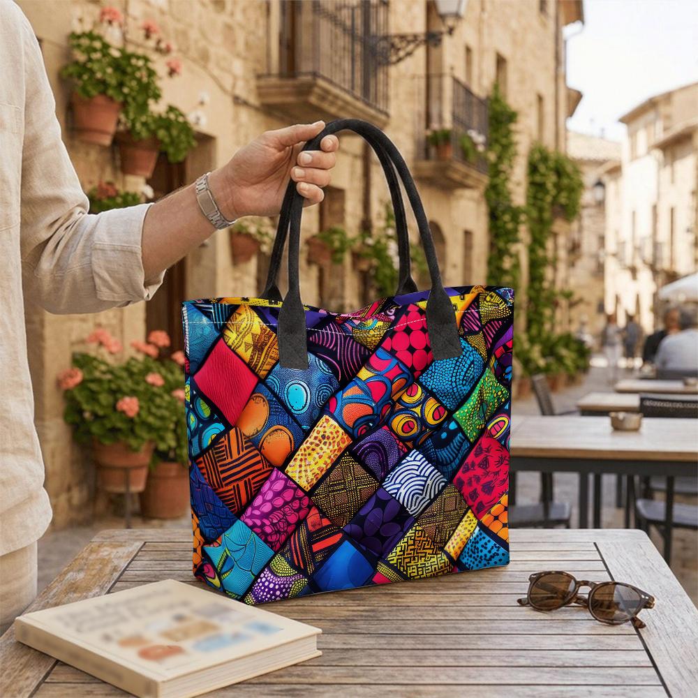 Colorful Geometric Tote Bag Large Capacity Fashion Canvas Shoulder Handbag for Daily Shopping Travel Use